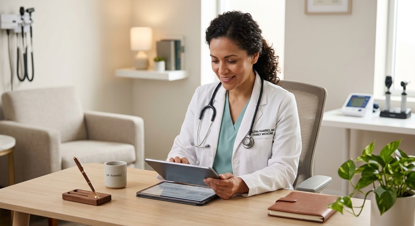 Médica licenciada revisando el formulario en una tableta